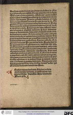 Explicit tractatulus fratris Feliciani ordinis Predicatorum de divina predestinatione intitulatus feliciter. Impressus anno salutis nostre M.cccc.xcv.
