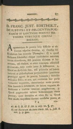 D. Franc. Just. Kortholt, De Iustitia Et Prudentia Poenarum In Sanctione Poenali Novissima Utriusque Circuli Rhenani