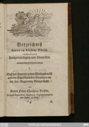 Verzeichniß derer in diesem Theile enthaltenen Hochzeitpredigten und Traureden.