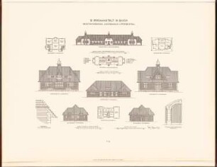 Irrenhaus, Berlin-Buch: Grundriss, Vorderansicht Infektionsgebäude, Grundriss EG, Vorderansicht, Rückansicht Leichenhaus, Grundriss, Vorderansicht, Seitenansichten, Details Pferdestall (aus: Neubauten der Stadt Berlin, Bd. VII, 1908)