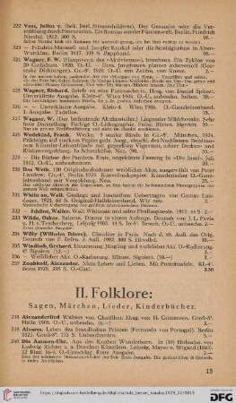 II. Folklore: Sagen, Märchen, Lieder, Kinderbücher (Nr. 238-366)