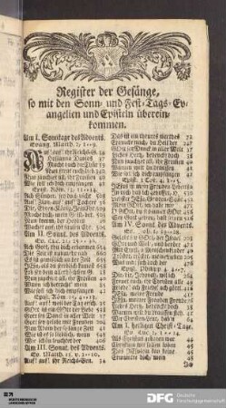 Register der Gesänge, so mit den Sonn- und Fest-Tags-Evangelien und Episteln übereinkommen.