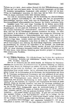 445-446, Wilhelm Sternberg. Die Alkoholfrage im Lichte der modernen Forschung. Kritisches und Antikritisches. 1909