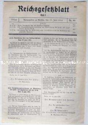 Reichsgesetzblatt mit der "Zweiten Verordnung über den Volksgerichtshof" vom 29. Juni 1934