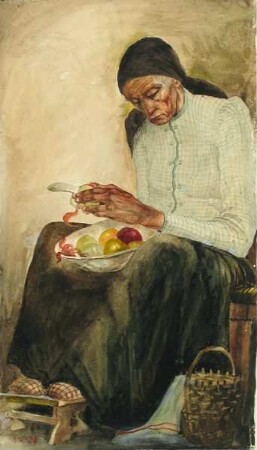 Alte Frau, Äpfel schälend