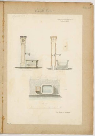 Laufbrunnen, Berlin Monatskonkurrenz April 1855: Grundriss, Aufriss Seitennsicht, Vertikalschnitt, Detail Ornament; Maßstabsleiste