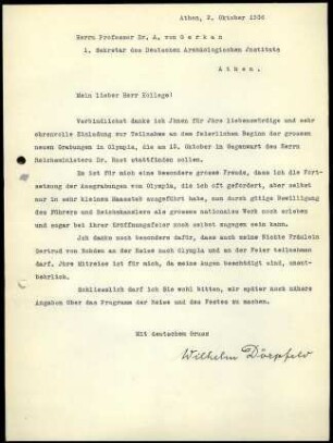 W. Dörpfeld an A. von Gerkan