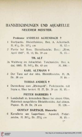 Handzeichnungen und Aquarelle Neuerer Meister (Nr. 1 - 222)