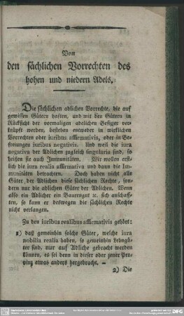 Von den sächlichen Vorrechten des hohen und niedern Adels