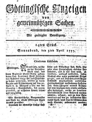 14tes Stück. Sonnabend, den 5ten April 1777.