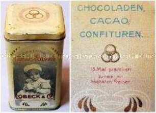 Blechdose für "DREIRING CACAO-PULVER LOBECK UND CO" (Abbildung eines kleines Mädchens, Kakao trinkend)