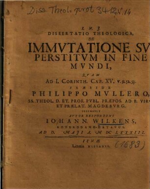 Dissertatio Theologica, De Immvtatione Svperstitvm In Fine Mvndi