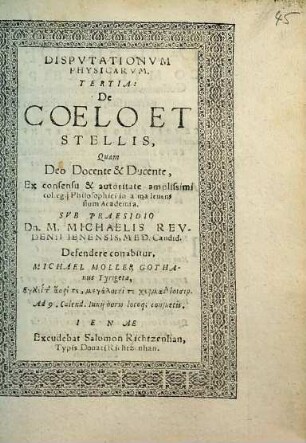 DISPVTATIONVM PHYSICARVM. TERTIA: De COELO ET STELLIS