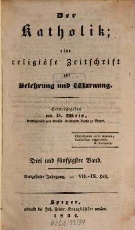 Der Katholik : Zeitschrift für katholische Wissenschaft und kirchliches Leben, 53 = Jg. 14. 1834