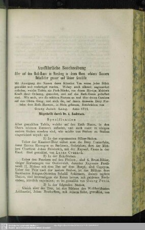 Ausführliche Beschreibung Aller Auf dem Rath-Hauss in Nürnberg in denen Obern schönen Zimmern Befindliche grosser und kleiner Gemählte