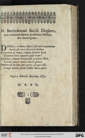 M. Bartholomaei Beckii Elogium, quo commendantur praesentes Institut
