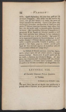 Lettera VIII. Al Cavalier Damiani Prioca Senatore. A Torino