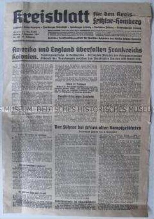 Regionale Tageszeitung u.a. zur Landung der Alliierten in den französischen Kolonien in Nordafrika und zur Rede Hitlers anlässlich des Jahrestages des Putsches von 1923