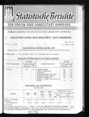 Die Industrie in Hamburg im Juni 1962 : Lfd. Nr. 17
