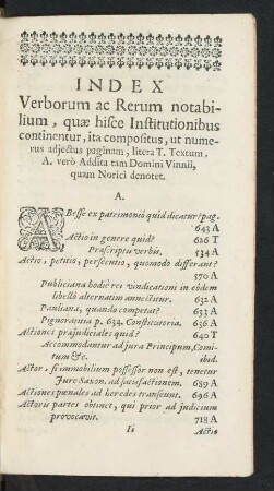 Index Vorborum ac Rerum notabilium, quae hisce Institutionibus continentur,