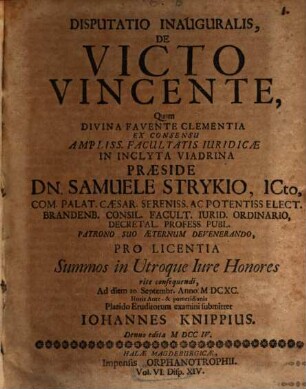 Disputatio Inauguralis, De Victo Vincente
