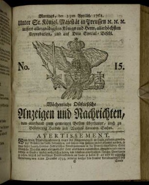 No. 15. Montags, den 13ten Aprilis, 1761.