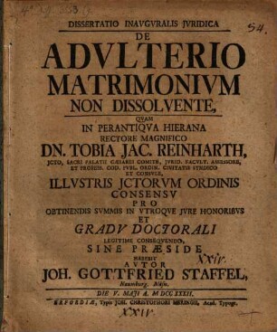 Dissertatio Inavgvralis Jvridica De Advlterio Matrimonivm Non Dissolvente