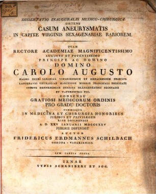 Dissertatio inauguralis medica chirurgica sistens casum aneurysmatis in capite virginis sexagenariae rariorem : cum tabula aenea