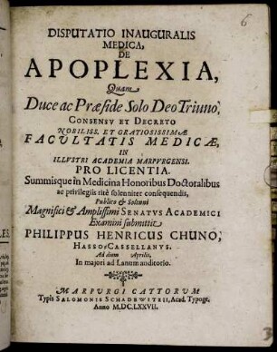 Disputatio Inauguralis Medica, De Apoplexia