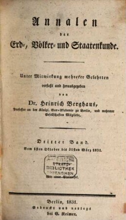 Annalen der Erd-, Völker- und Staatenkunde. 3, 3. 1831