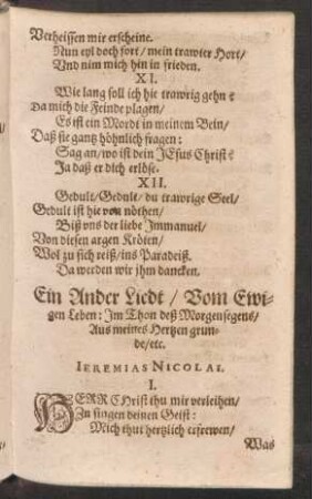 Ein Ander Liedt/ Vom Ewi=||gen Leben: Jm Thon deß Morgensegens/ || Aus meines Hertzen grun=||de/ etc. ||