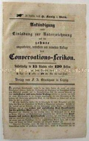 Ankündigung und Einladung zur Unterzeichnung auf die zehnte umgearbeitete, verbesserte und vermehrte Auflage des Conversations-Lexikon. Werbeblatt