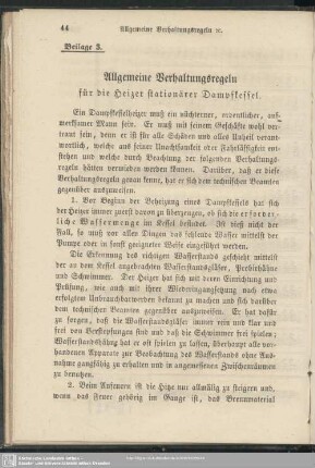 Beilage 3. Allgemeine Verhaltungsregeln für die Heizer stationärer Dampfkessel