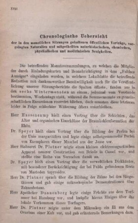 Chronologische Uebersicht der in den monatlichen Sitzungen gehaltenen öffentlichen Vorträge, vorgelegten Naturalien und mitgetheilten naturhistorischen, chemischen, physikalischen und medizinischen Neuigkeiten.