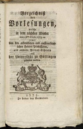 WS 1773: Verzeichnis der Vorlesungen // Georg-August-Universität Göttingen