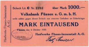 Geldschein / Notgeld, 1.000 Mark, 3.10.1922