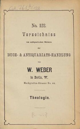 Verzeichnis antiquarischer Bücher. 122. [ca. 1879]