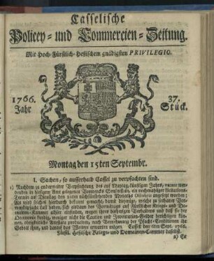 37. Stueck, Montag den 15ten Septembr. 1766