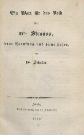 Ein Wort für das Volk über Dr. Strauss, seine Berufung und seine Lehre