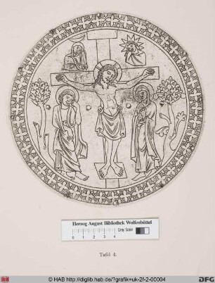 Christus am Kreuz, flankiert von Maria und dem Heiligen Johannes