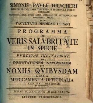Programma de veris salubritate in genere