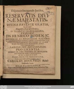 Disputatio Inauguralis Iuridica, De Reservatis Divinae Maiestatis