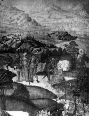 Anbetung der Heiligen Drei Könige : Anbetung der Heiligen Drei Könige. Tafelmalerei (um 1520/1530). Ausschnitt mit bethlehemitischem Kindermord. Sonthofen (Kreis Oberallgäu), Katholische Friedhofskapelle Sankt Sebastian und Afra