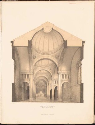 Katholische St. Michaelskirche, Berlin: Perspektivische Innenansicht (aus: Entwürfe zu Kirchen, Pfarr- und Schulhäusern, hrsg. von der Kgl. Preuß. Oberbaudeputation, 1845-1855)