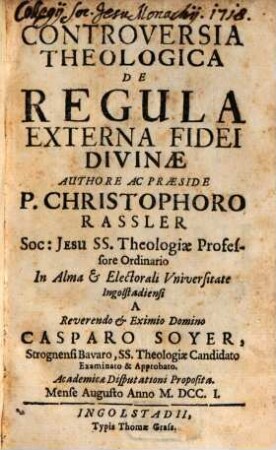 Controversia Theologica De Regula Externa Fidei Divinae