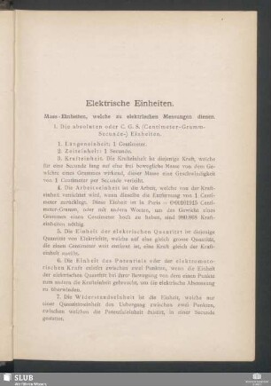 Elektrische Einheiten. Mass-Einheiten, welche zu elektrischen Messungen dienen