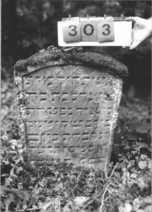 Grabstein 303 (Index: 99799819) Material: Sandstein Zustand: stark verwittert, teilw. Textverlust Maße HxBxT: 84x53x12 cm Beschreibung: Stele, Segmentbogenabschluß, Schriftfeld eingetieft: Grabstein 303