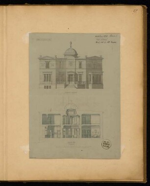 Villa Monatskonkurrenz Februar 1875: Aufriss Eingangsseite über Eck, Querschnitt diagonal; Maßstabsleiste