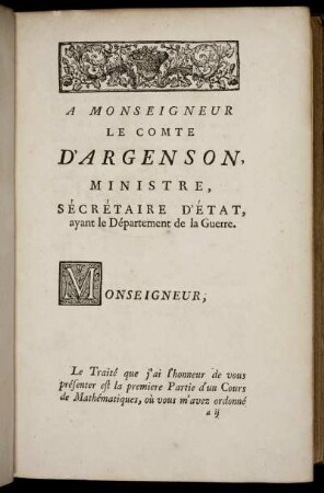 À Monseigneur Le Comte D'Argenson, Ministre Sécrétaire D'État.