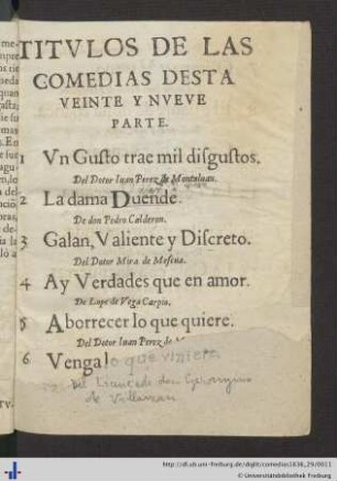 Titulos De Las Comedias Desta Veinte Y Nueve Parte.